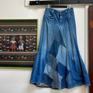 Vintage Denim Maxi skirt with hand embroidered floral detail